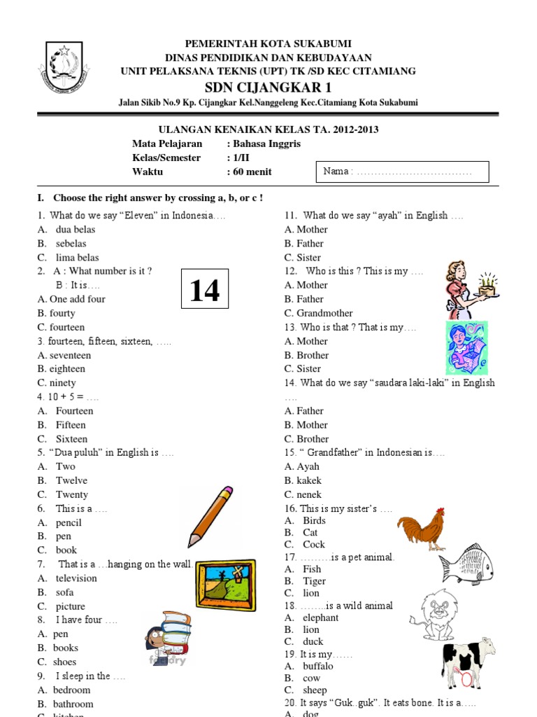 Detail Contoh Soal Bahasa Inggris Kelas 2 Sd Nomer 17