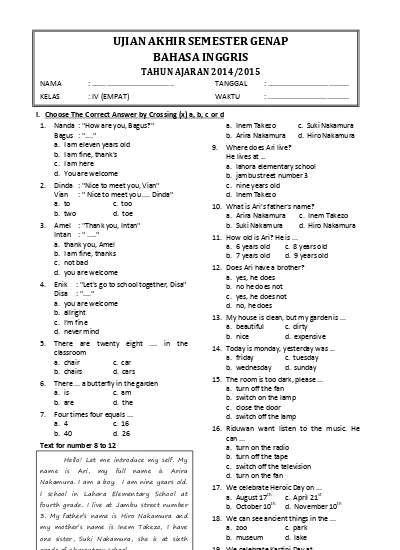 Detail Contoh Soal Bahasa Inggris Kelas 2 Sd Nomer 3