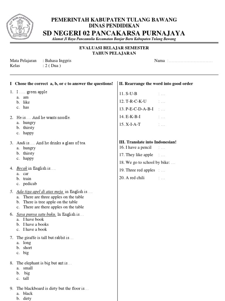 Detail Contoh Soal Bahasa Inggris Kelas 2 Sd Nomer 6