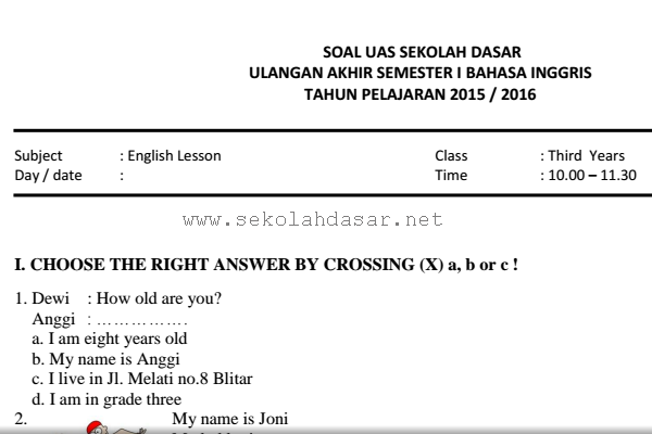 Detail Contoh Soal Bahasa Inggris Kelas 3 Sd Nomer 16