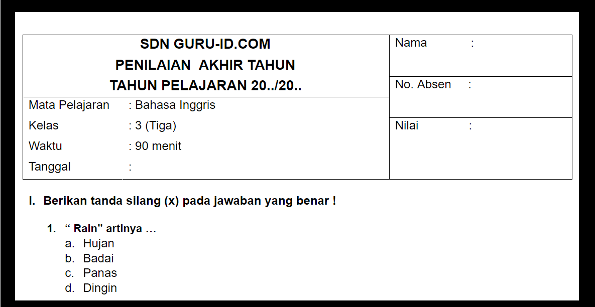 Detail Contoh Soal Bahasa Inggris Kelas 3 Sd Nomer 23
