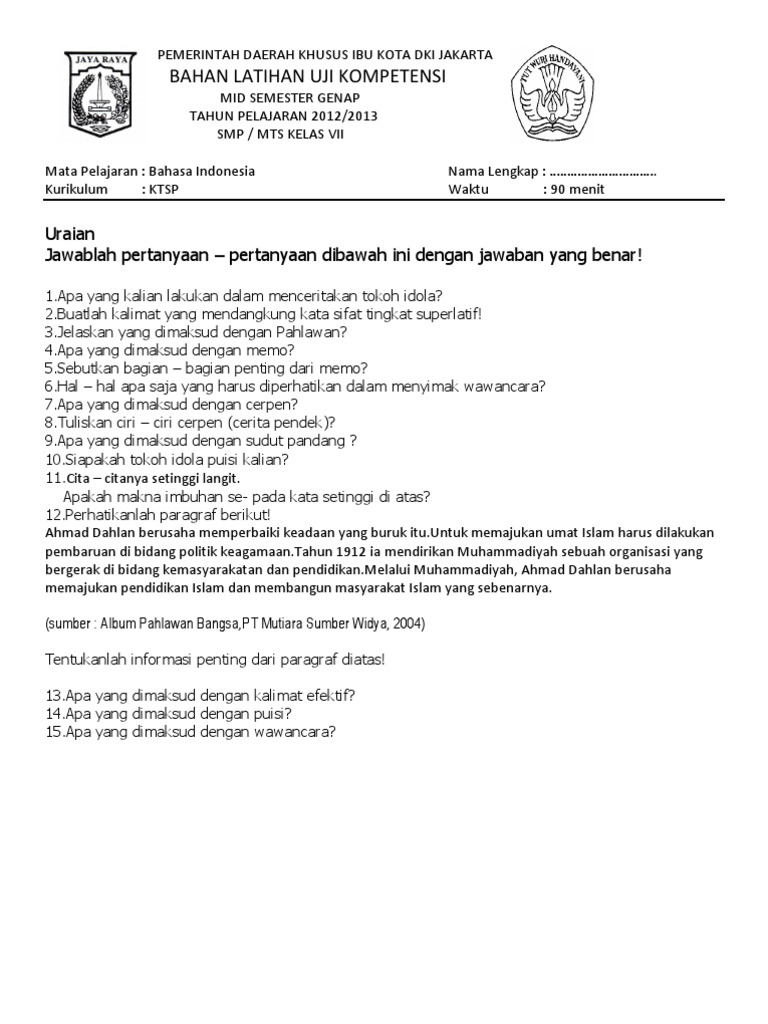 Detail Contoh Soal Essay Bahasa Indonesia Kelas 9 Semester 1 Nomer 13