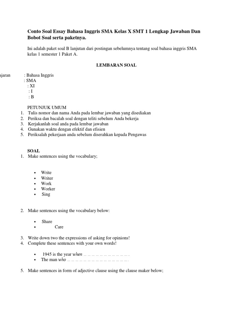 Detail Contoh Soal Essay Bahasa Inggris Nomer 2