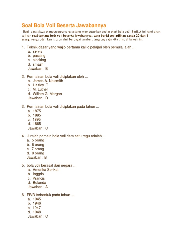 Contoh Soal Essay Beserta Jawaban Tentang Bola Voli - KibrisPDR