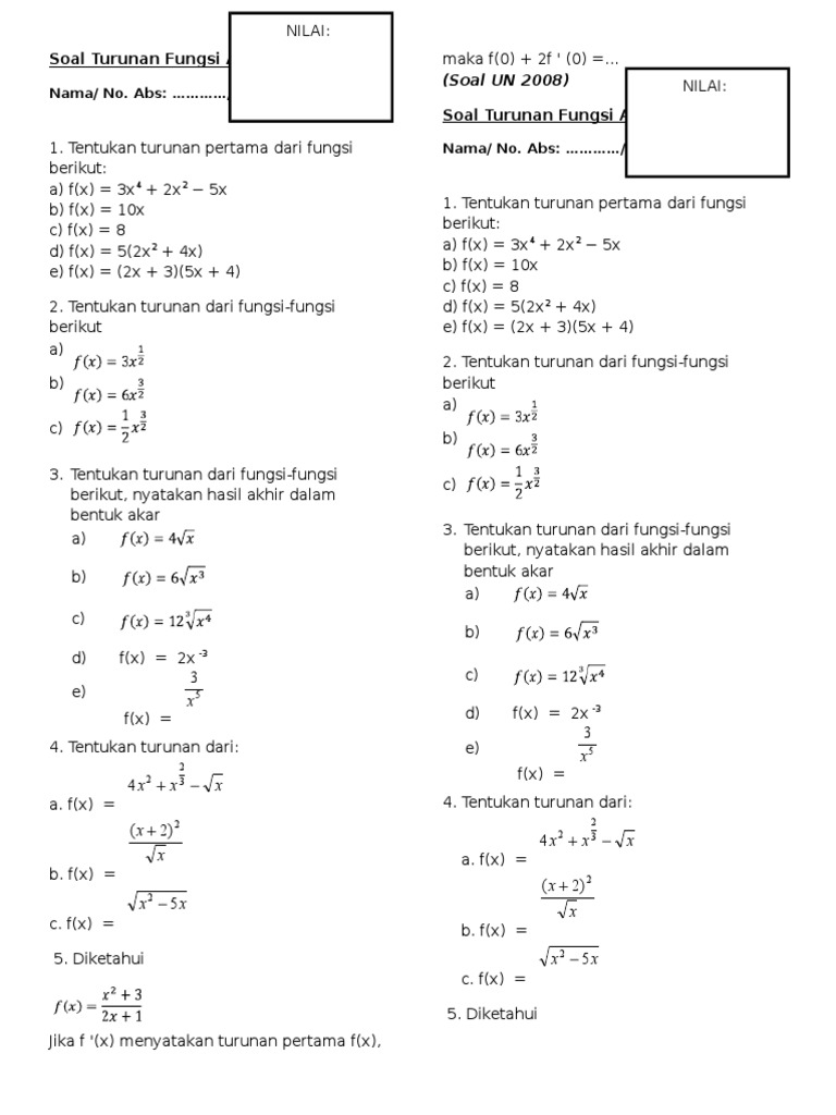 Detail Contoh Soal Fungsi Turunan Nomer 26