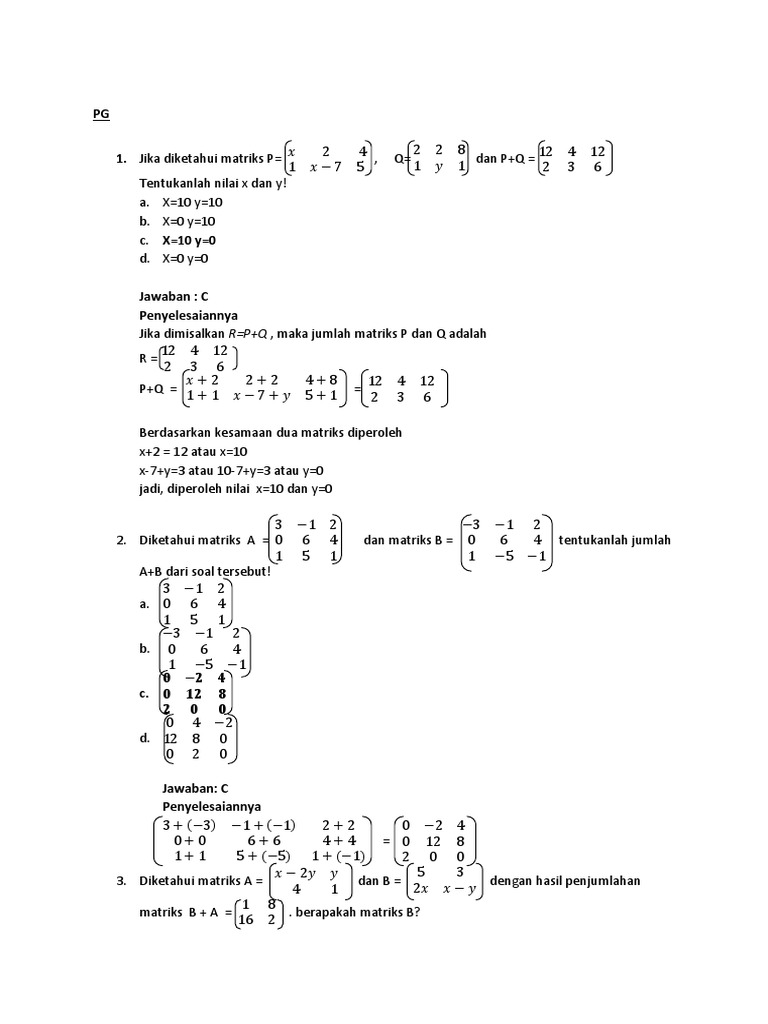 Detail Contoh Soal Matriks Dan Jawabannya Kelas 10 Nomer 10