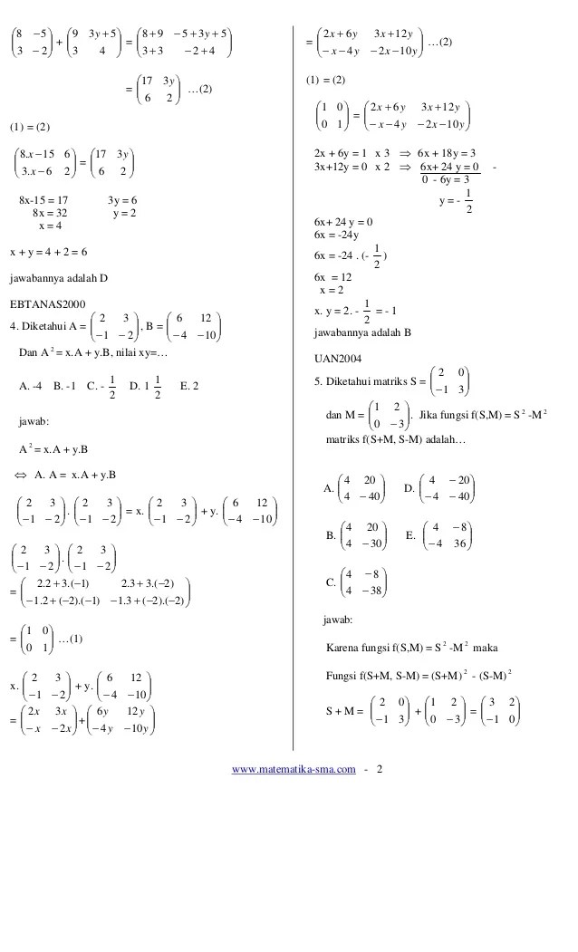 Detail Contoh Soal Matriks Dan Jawabannya Kelas 10 Nomer 5