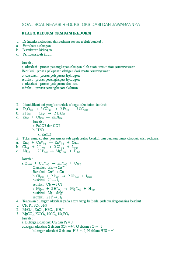 Detail Contoh Soal Oksidasi Dan Reduksi Beserta Jawabannya Nomer 9