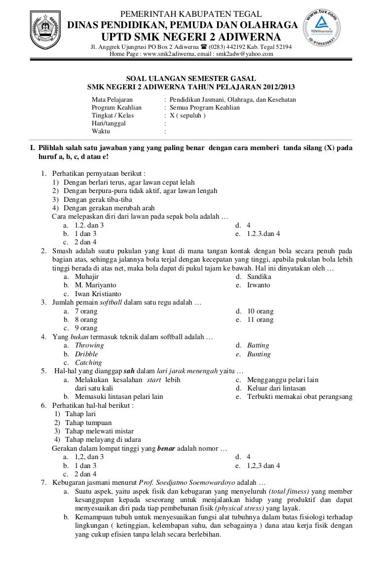 Contoh Soal Penjaskes Kelas 10 Semester 2 Beserta Jawabannya - KibrisPDR