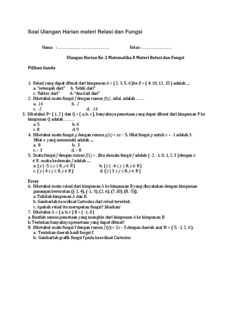 Detail Contoh Soal Relasi Dan Fungsi Kelas 8 Nomer 24