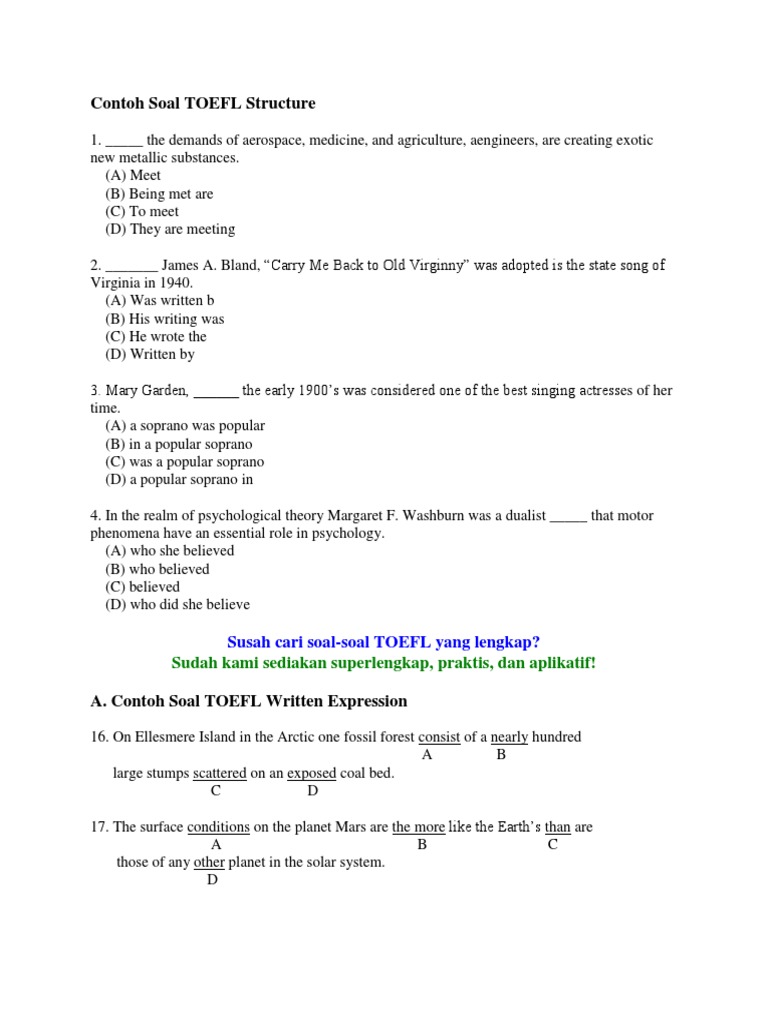 Detail Contoh Soal Toefl Structure And Written Expression Dan Pembahasannya Nomer 3