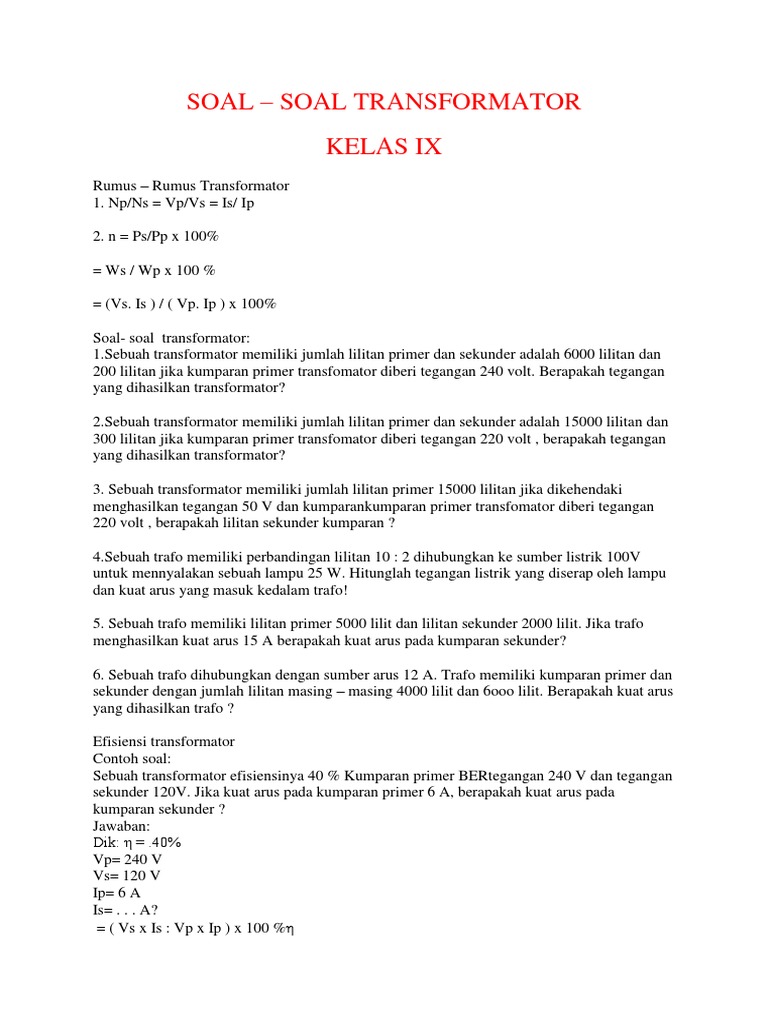 Detail Contoh Soal Transformator Dan Jawabannya Nomer 51