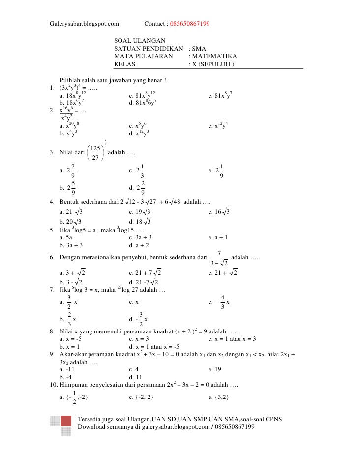 Detail Contoh Soal Uts Matematika Kelas 10 Semester 1 Dan Pembahasannya Nomer 7