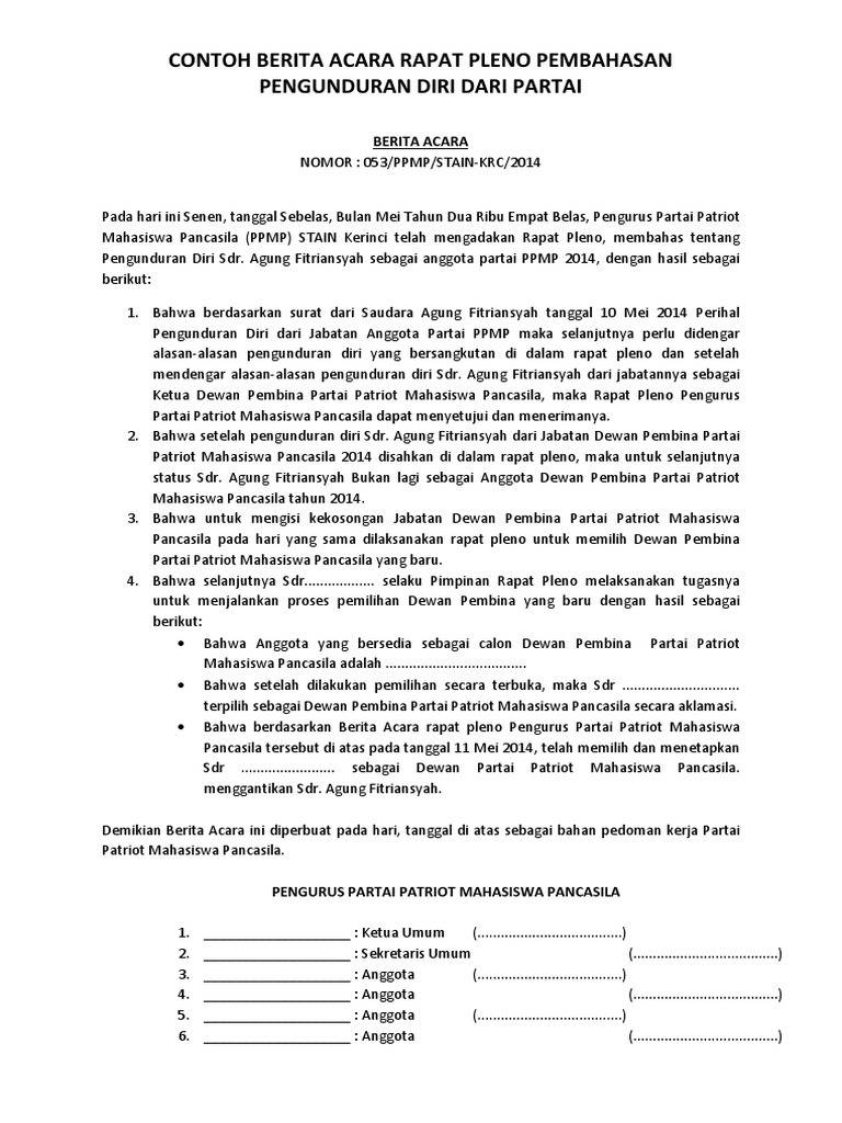 Detail Contoh Surat Berita Acara Pengunduran Diri Nomer 5