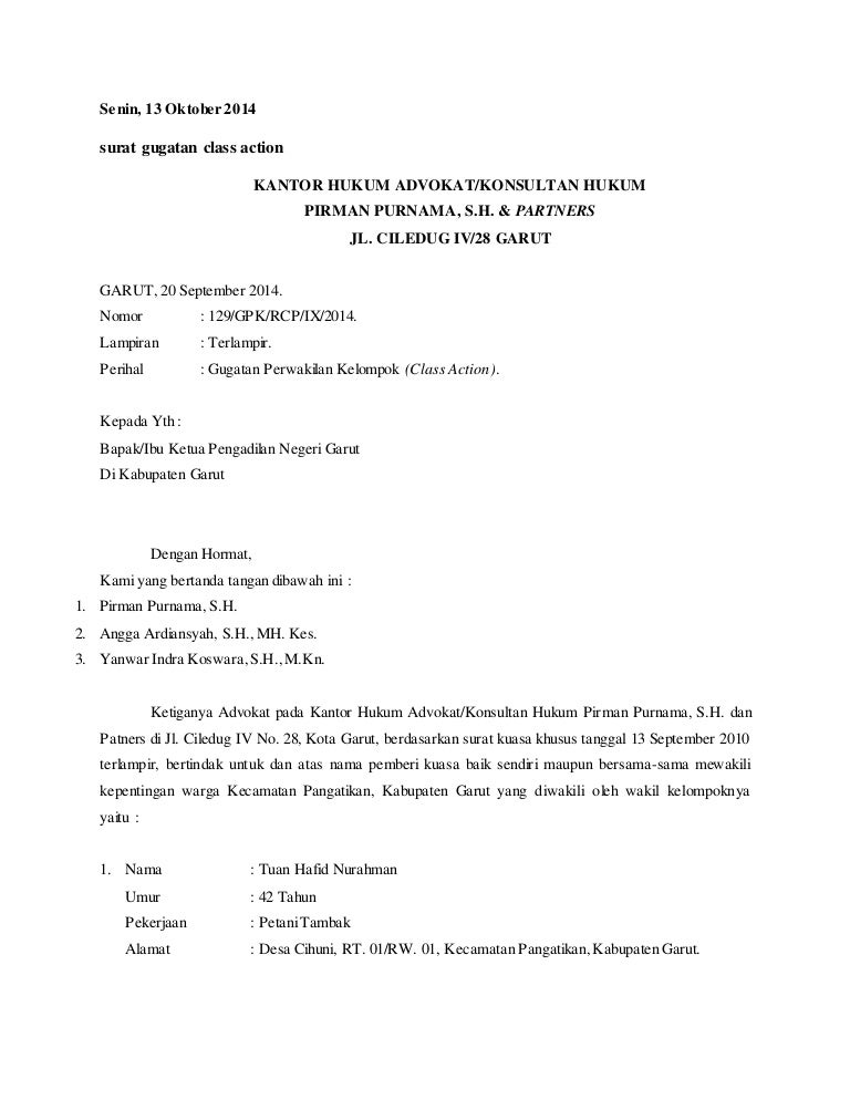 Contoh Surat Gugatan Class Action - KibrisPDR