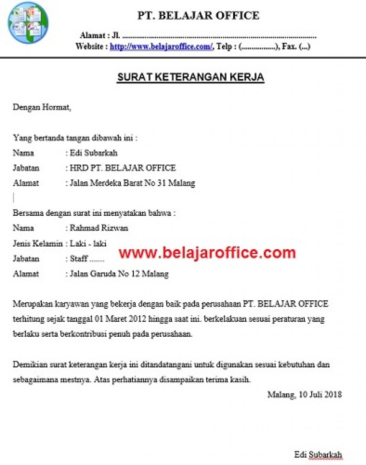 Contoh Surat Keterangan Kerja Excel - KibrisPDR