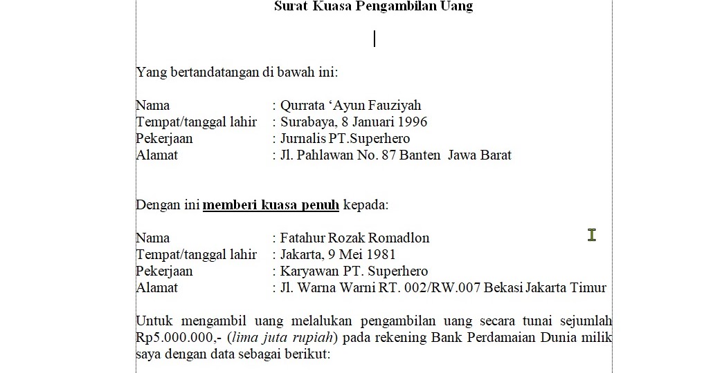 Detail Contoh Surat Kuasa Untuk Pengambilan Uang Di Bank Nomer 35