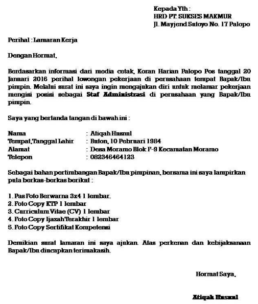 Detail Contoh Surat Lamaran Kerja Beserta Iklannya Nomer 5