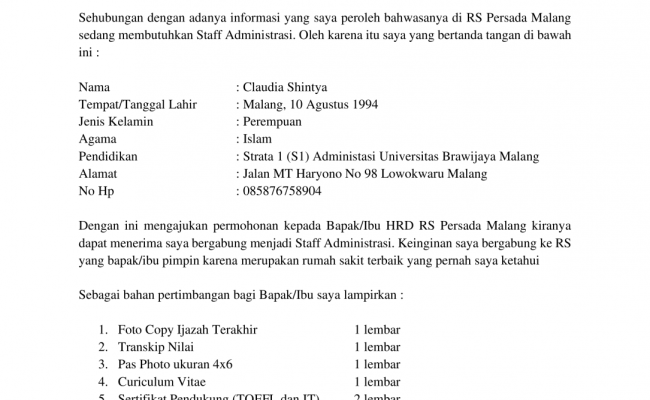 Detail Contoh Surat Lamaran Kerja Untuk Bagian Administrasi Nomer 44