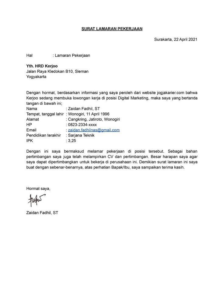 Detail Contoh Surat Lamaran Kerja Untuk Hrd Nomer 24