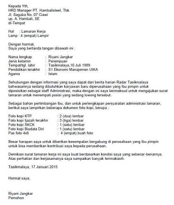 Download Contoh Surat Lamaran Kerja Untuk Posisi Administrasi Nomer 2