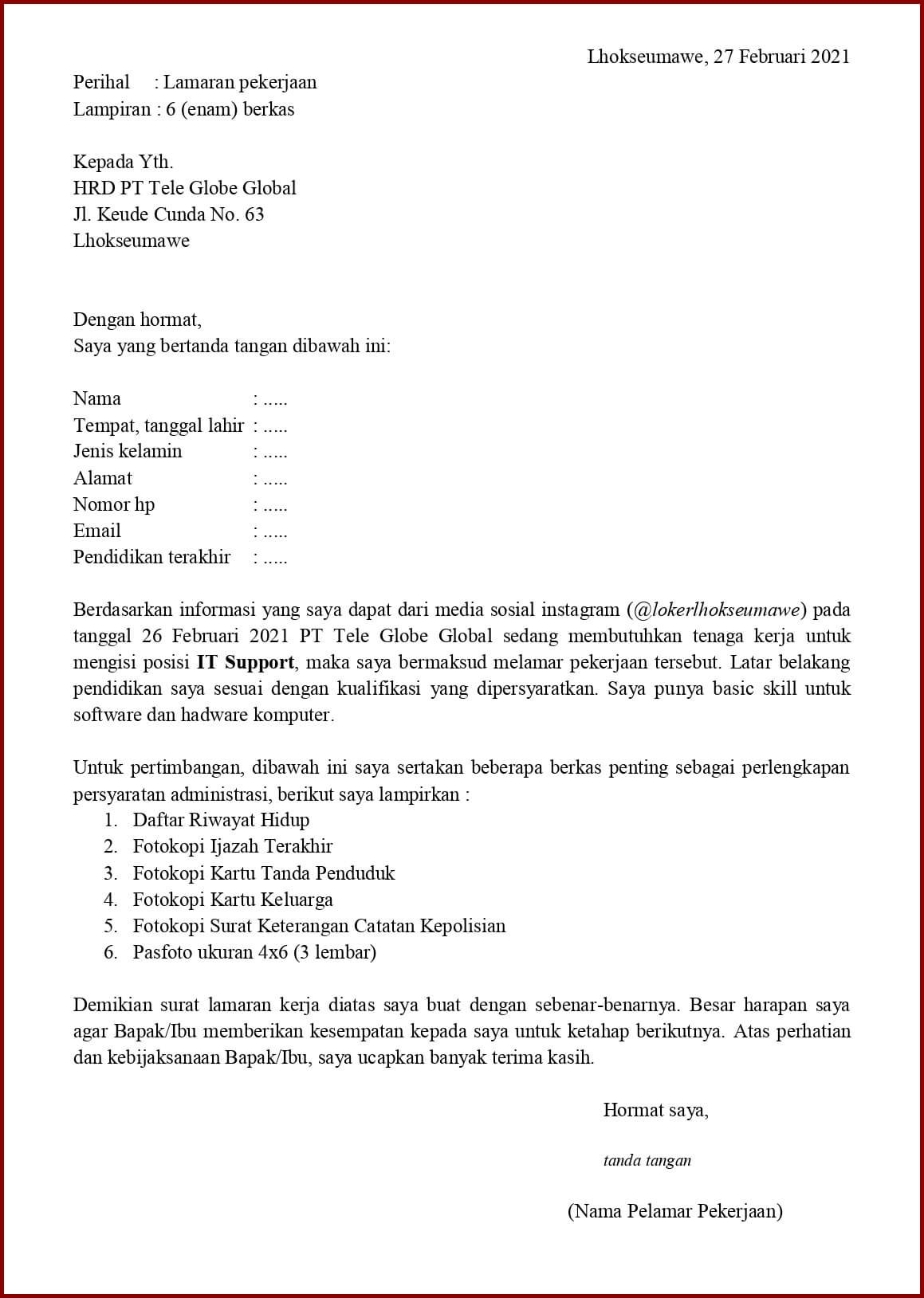 Detail Contoh Surat Lamaran Pekerjaan Berdasarkan Iklan Dari Media Online Nomer 20