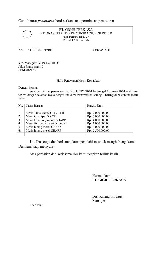 Detail Contoh Surat Penawaran Harga Cetakan Nomer 29