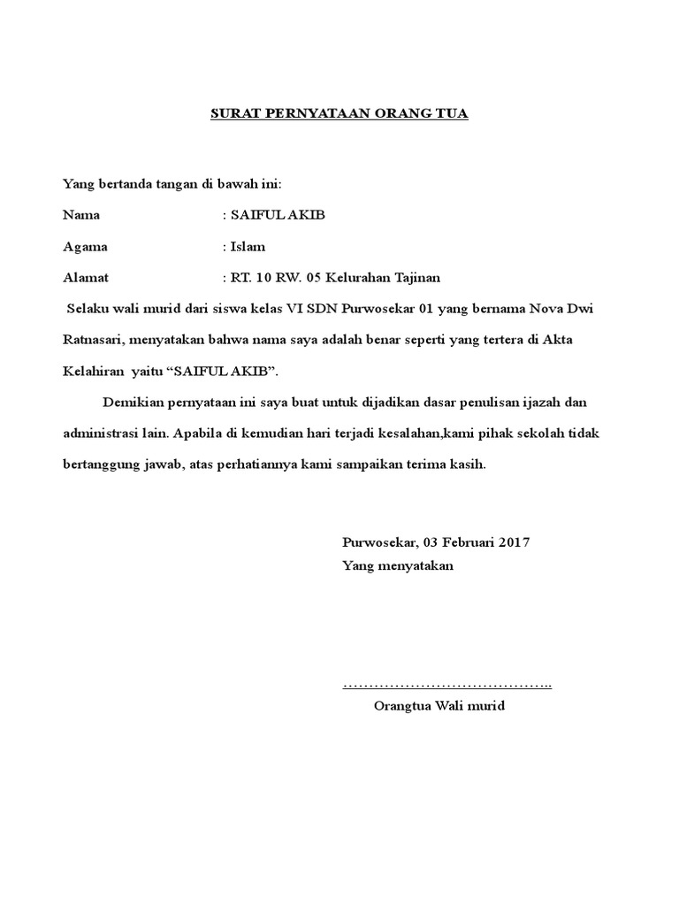 Detail Contoh Surat Pernyataan Orang Tua Untuk Sekolah Nomer 19