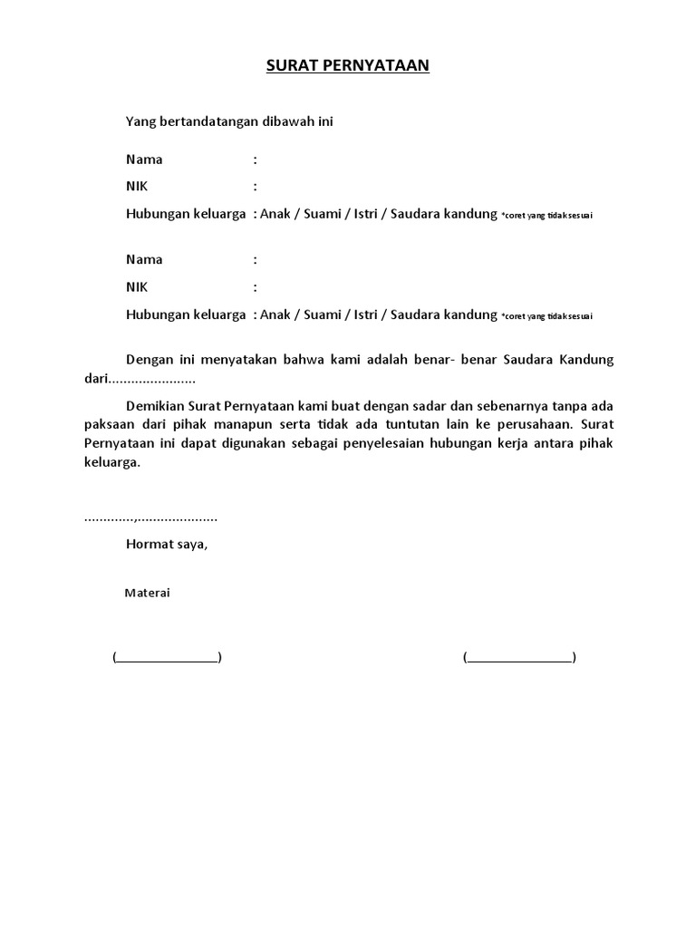 Detail Contoh Surat Pernyataan Tidak Ada Hubungan Keluarga Dengan Pegawai Nomer 12