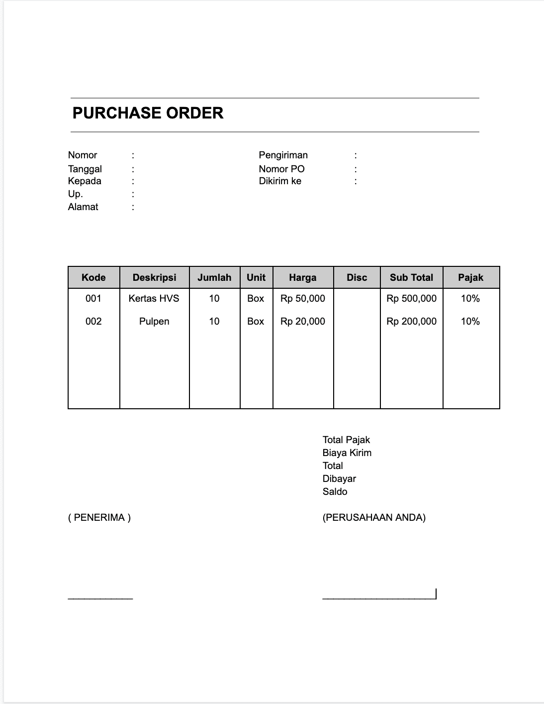 Contoh Surat Purchase Order Dalam Bahasa Indonesia Excel - KibrisPDR