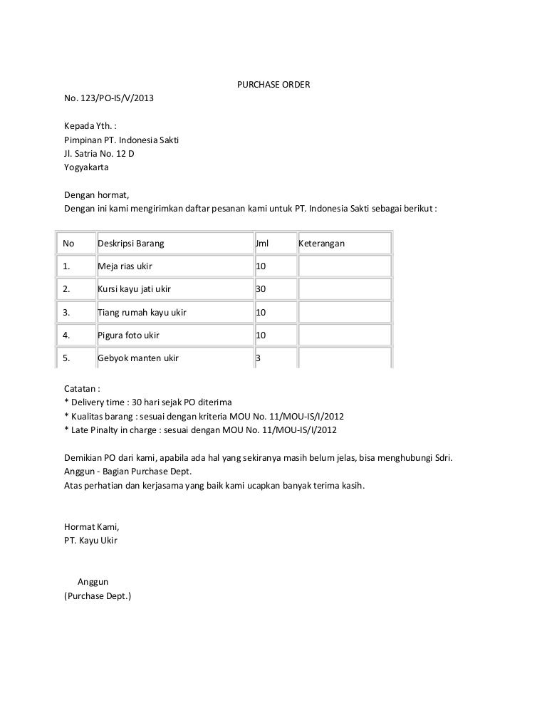 Detail Contoh Surat Purchase Order Dalam Bahasa Indonesia Excel Nomer 10