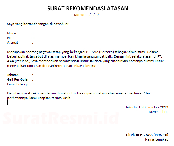 Detail Contoh Surat Rekomendasi Atasan Untuk Pinjaman Nomer 6