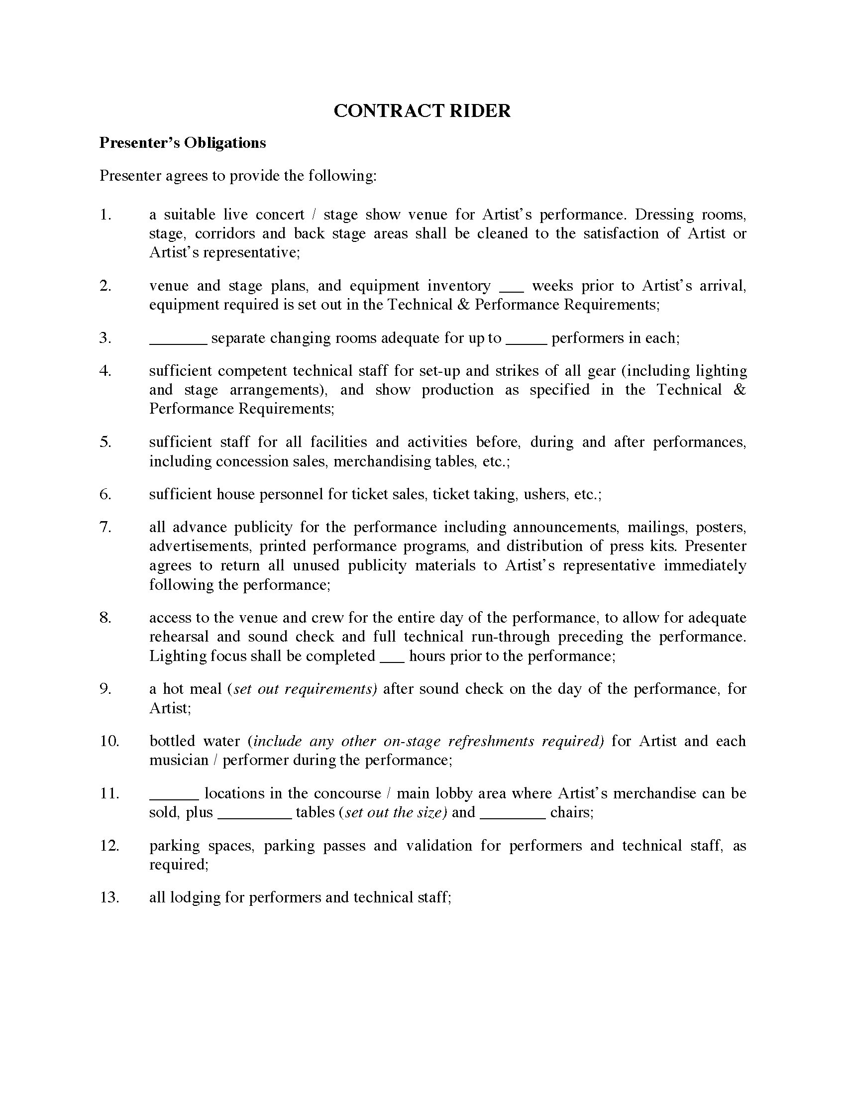 Detail Contract Rider Template Nomer 5