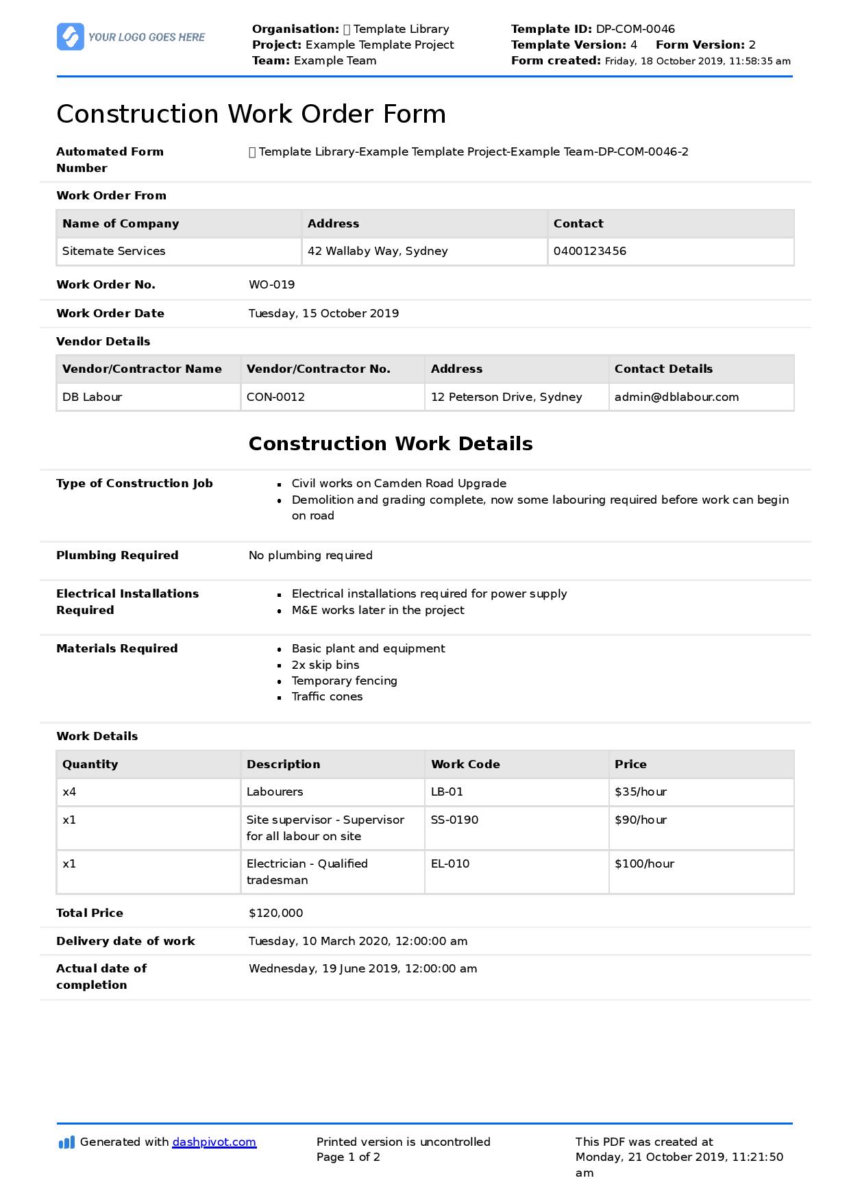 Detail Contractor Work Order Template Nomer 5