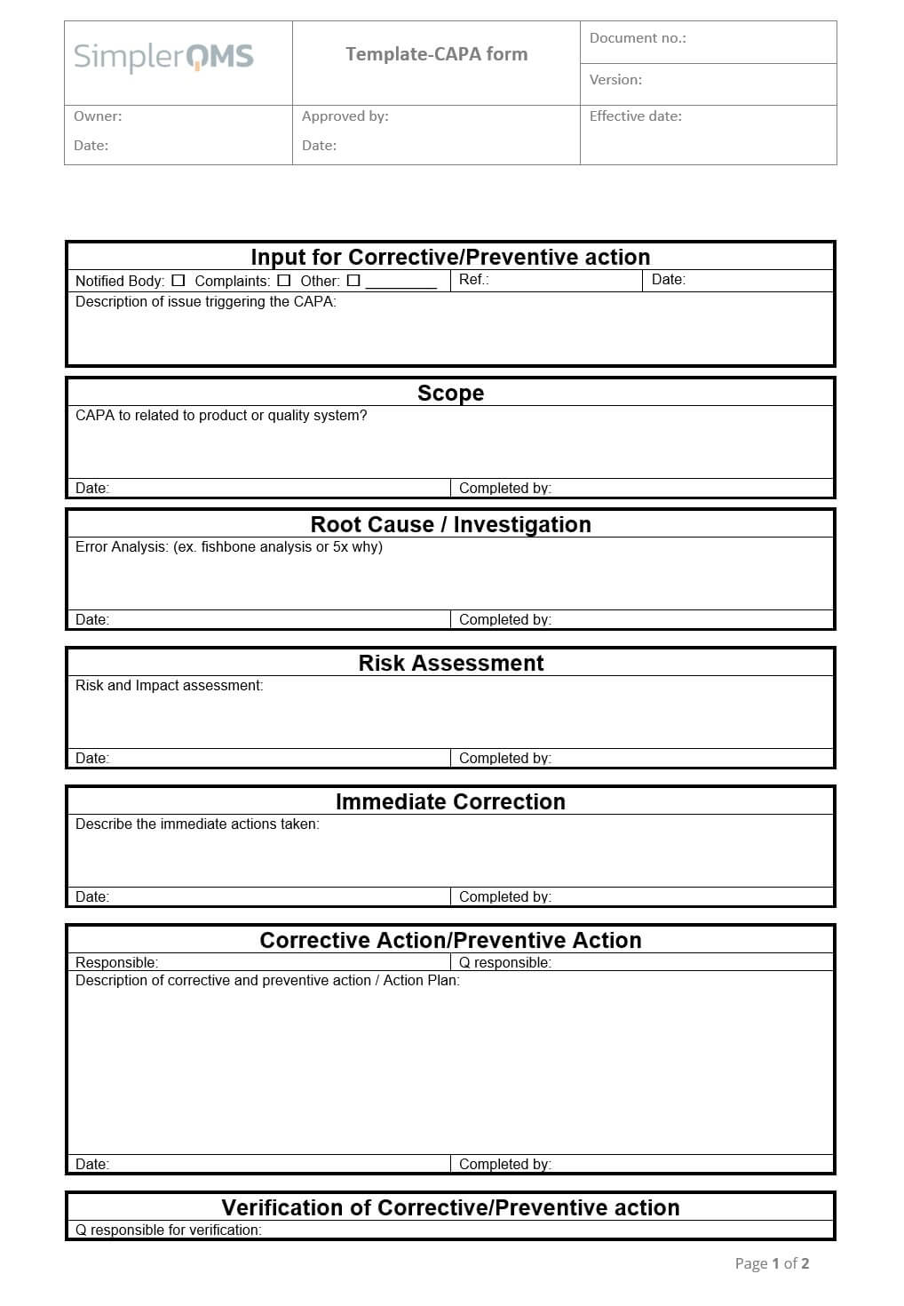 Corrective And Preventive Action Form Template - KibrisPDR