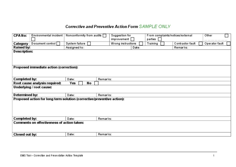 Detail Corrective And Preventive Action Form Template Nomer 13