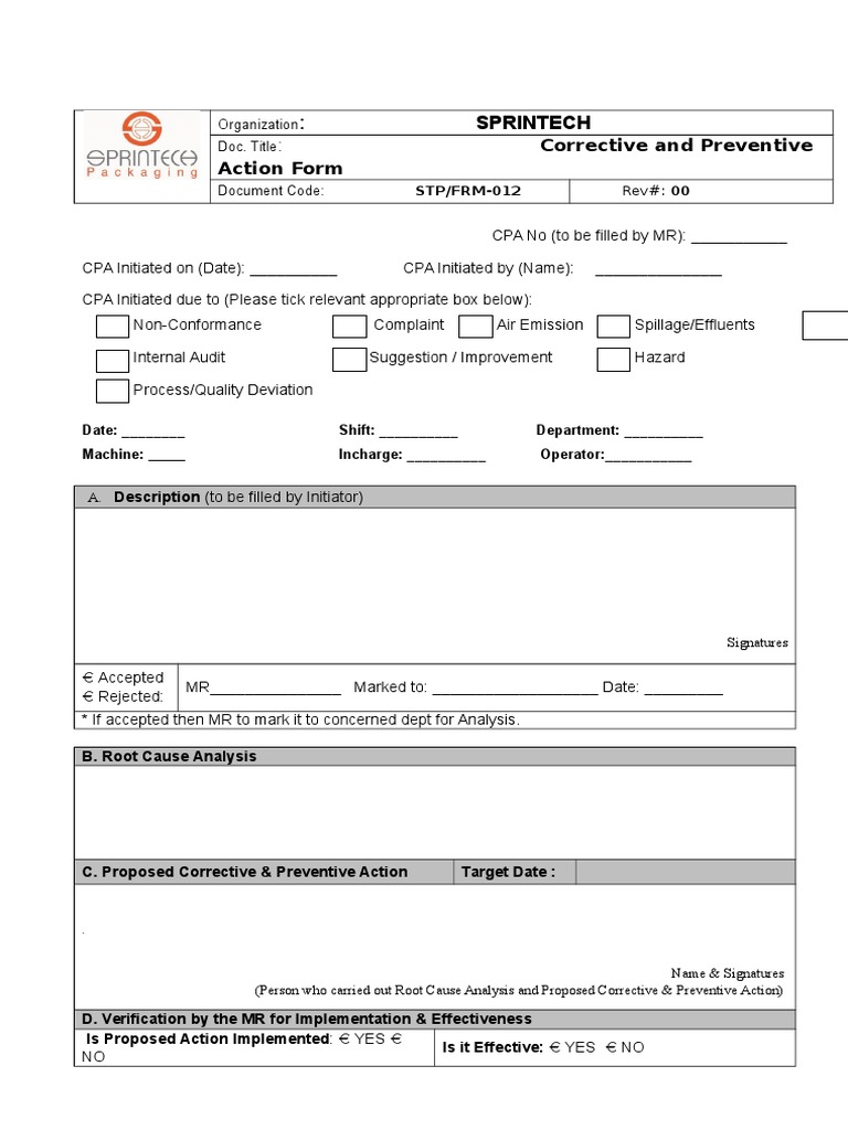 Detail Corrective And Preventive Action Form Template Nomer 23