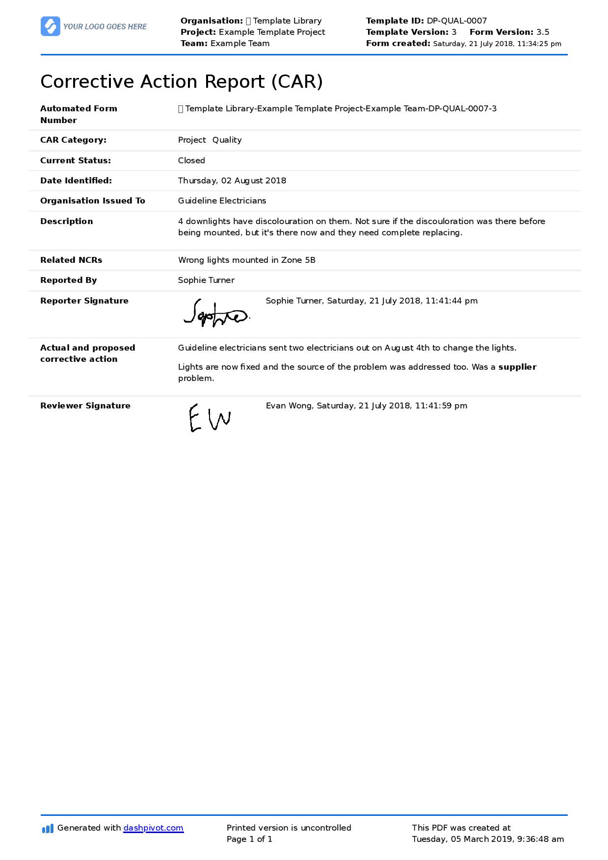 Detail Corrective And Preventive Action Form Template Nomer 27