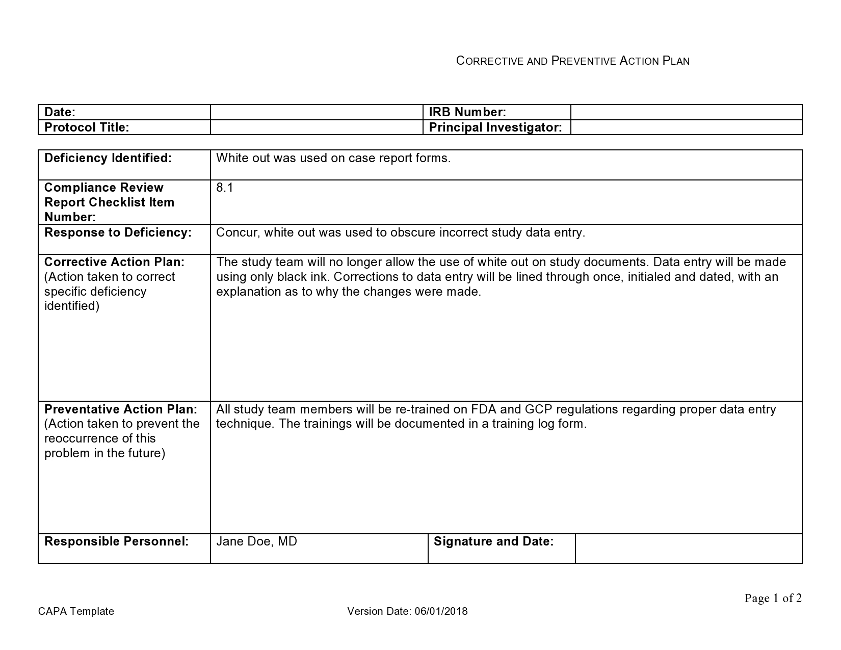 Detail Corrective And Preventive Action Form Template Nomer 10