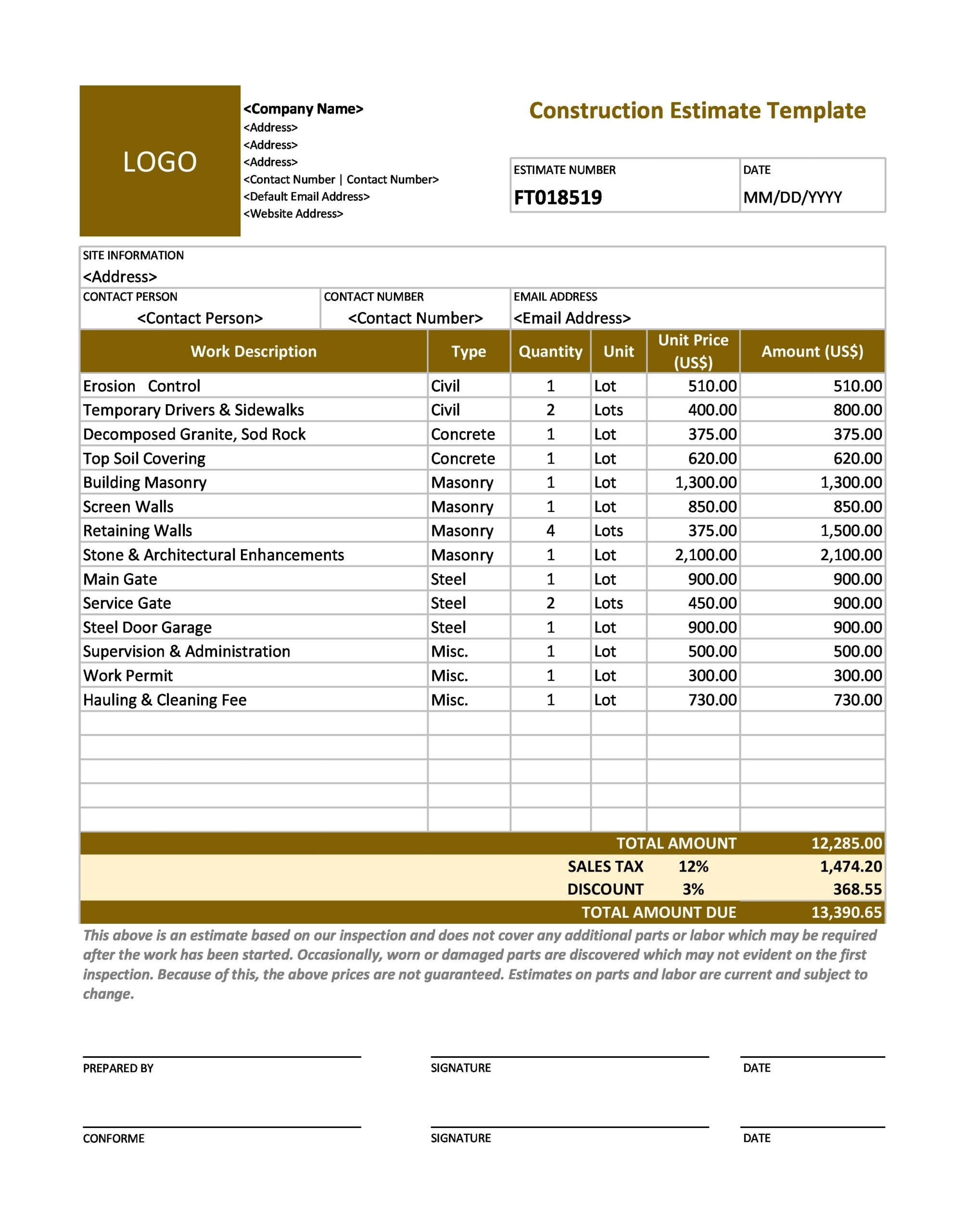 Detail Estimate Form Template Nomer 21