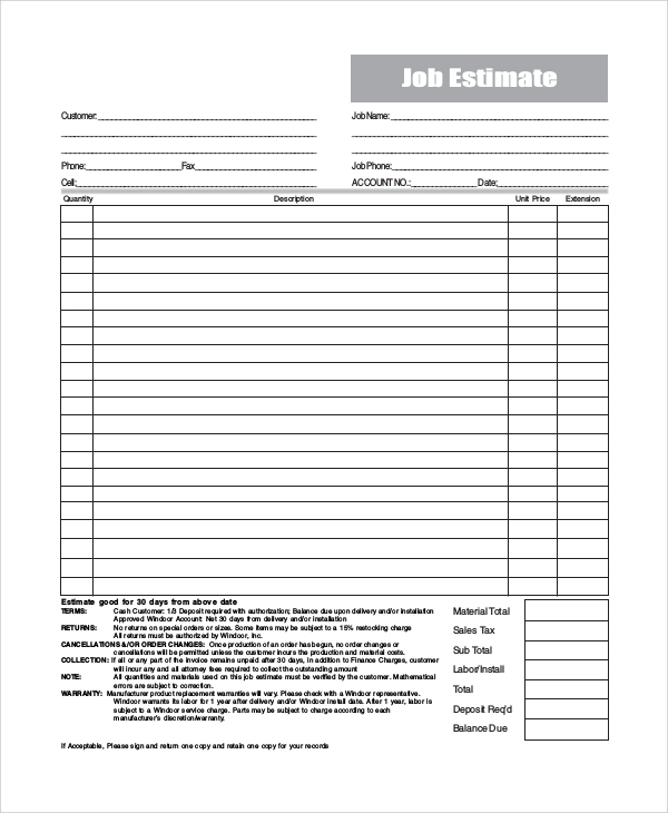 Detail Estimate Form Template Nomer 27