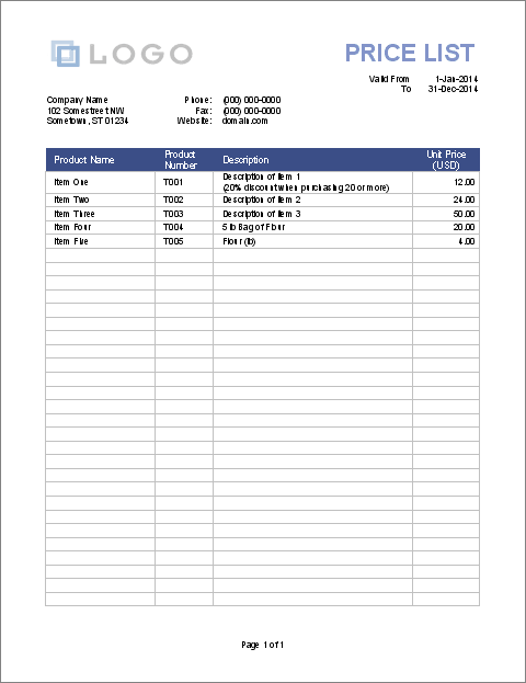 Excel Price List Template Free - KibrisPDR