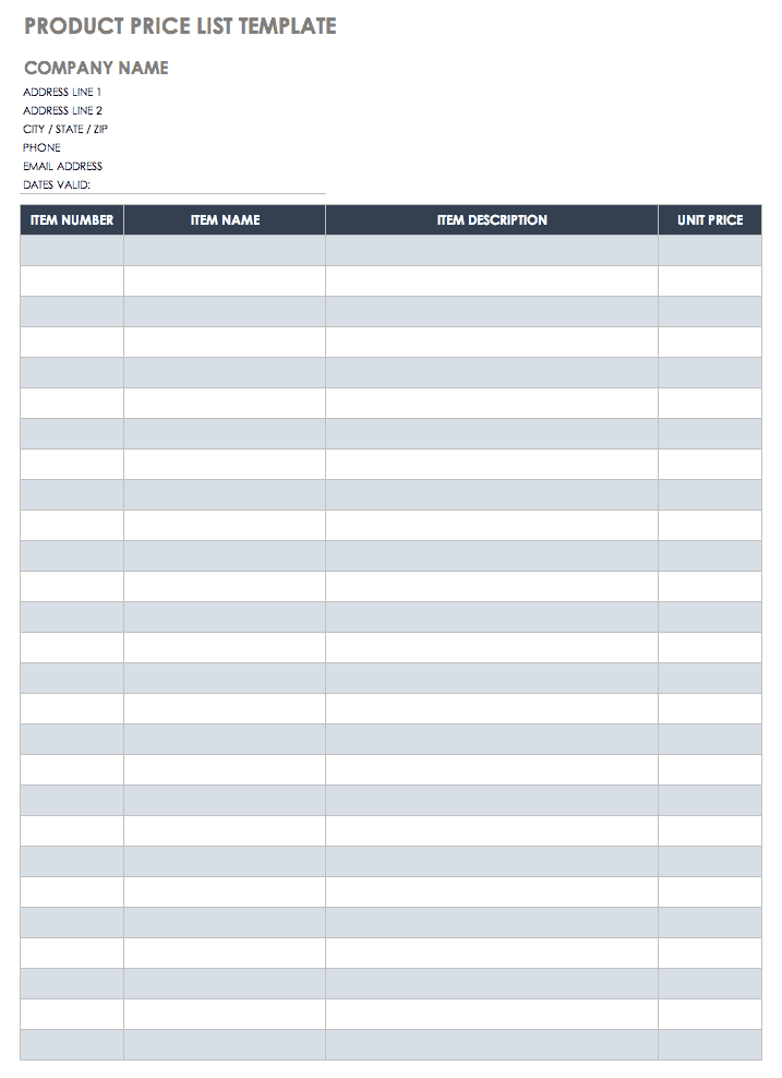 Detail Excel Price List Template Free Nomer 2