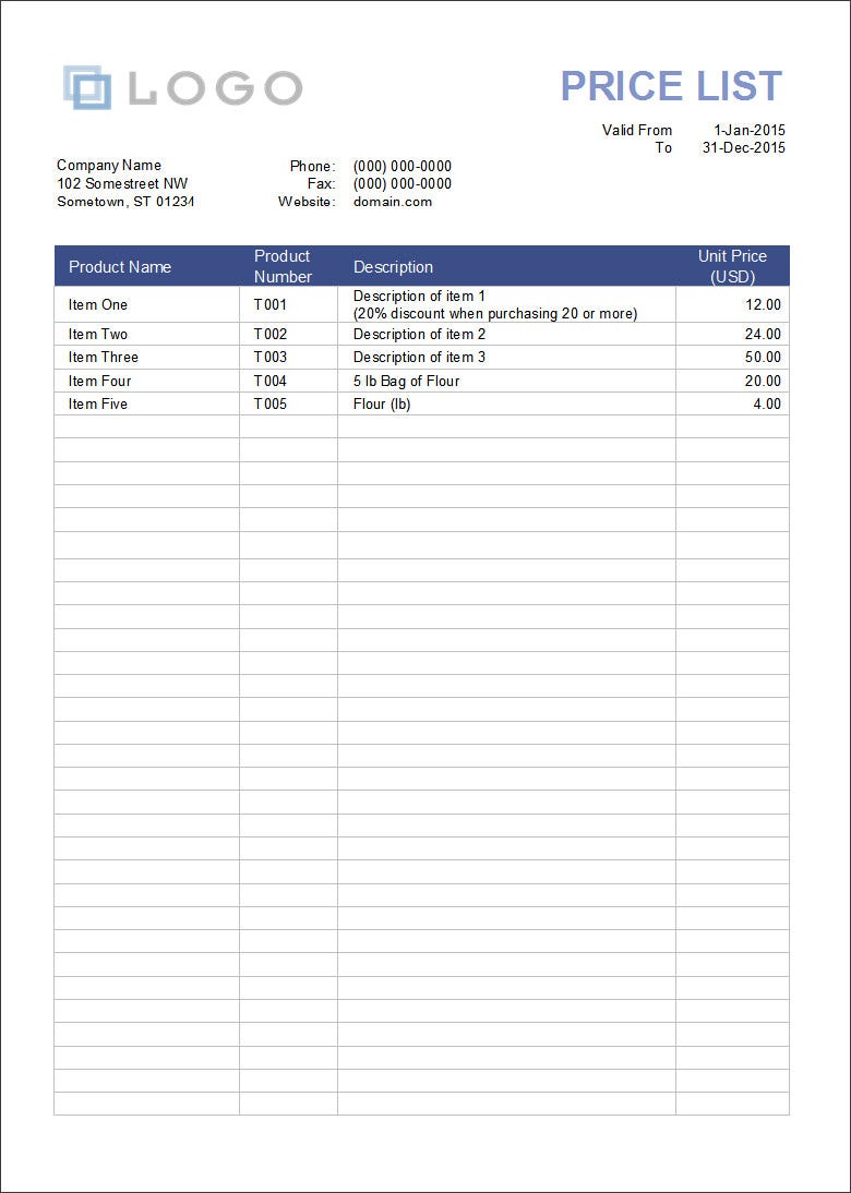 Detail Excel Price List Template Free Nomer 12