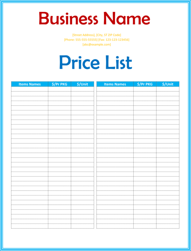 Detail Excel Price List Template Free Nomer 13