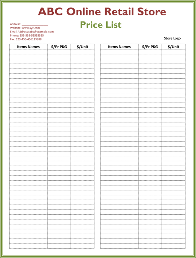 Detail Excel Price List Template Free Nomer 15