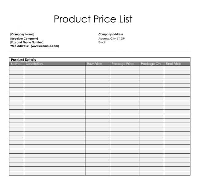 Detail Excel Price List Template Free Nomer 18