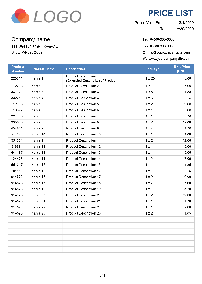 Detail Excel Price List Template Free Nomer 3