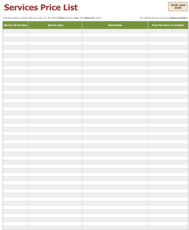 Detail Excel Price List Template Free Nomer 27