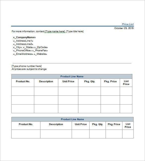 Detail Excel Price List Template Free Nomer 47